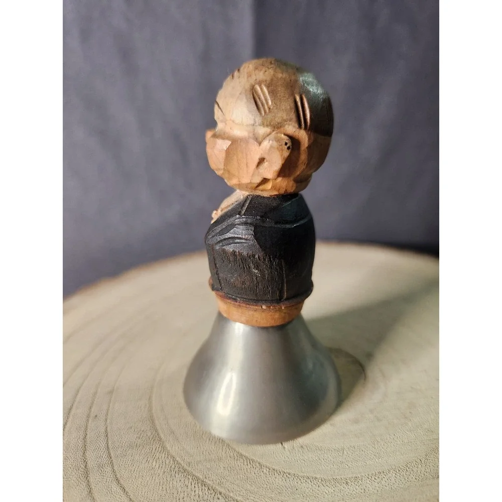 Vintage Wood Hand Carved Old Man With Bowtie‎ Dinner Bell~RARE